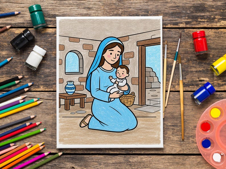 May include: A colorful illustration of a woman in a blue dress and veil holding a baby. The artwork is set in a room with stone walls and a wooden door. Paintbrushes, paint, and colored pencils surround the canvas.