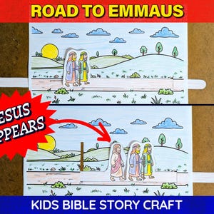 Puede incluir: Una colorida manualidad de historias bíblicas para niños que representa el "Camino de Emaús". La ilustración muestra figuras caminando por un camino con un sol, árboles y nubes. El texto incluye "Jesús aparece" y "Manualidades de historias bíblicas para niños."