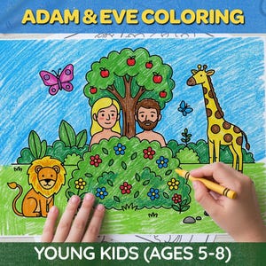 Może przedstawiać: Kolorowanka dla dzieci przedstawiająca Adama i Ewę w ogrodzie, z drzewem, żyrafą, lwem i motylami. Widoczny tekst "ADAM & EVE COLORING" i "YOUNG KIDS (AGES 5-8)".