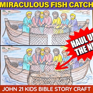 Może przedstawiać: Arkusz do wycinanek z napisem MIRACULOUS FISH CATCH oraz JOHN 21 KIDS BIBLE STORY CRAFT. Zawiera dwie ilustracje drewnianej łodzi z siedmioma osobami ciągnącymi sieć. Czerwona gwiazda z napisem HAUL UP THE NET wskazuje na sieć z rybami.