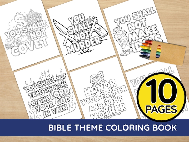 May include: A Bible theme coloring book with 10 pages. The pages feature line drawings with text such as "You Shall Not Covet" and "You Shall Not Murder." A box of crayons is included.