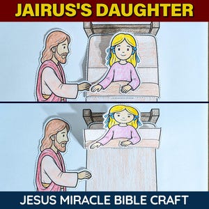 Op de afbeelding: Een papieren knutselwerk getiteld JAIRUS'S DAUGHTER en JESUS MIRACLE BIBLE CRAFT met een illustratie van een man met een baard en een meisje met blond haar in bed. De deken van het meisje kan bewegen om te laten zien dat ze wakker wordt.