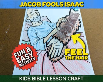 Könnte beinhalten: Eine farbenfrohe Illustration einer biblischen Szene mit dem Text "JACOB FOOLS ISAAC" oben. Das Bild zeigt einen Mann in einem blauen Hemd und einen roten und weißen Stern mit den Worten "FUN & EASY ACTIVITY". Die Worte "FEEL THE HAIR" sind ebenfalls sichtbar.