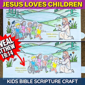 Könnte beinhalten: Ein zweiteiliges, illustriertes Kids Bible Scripture Craft mit dem Text "JESUS LIEBT KINDER" oben. Das Bild zeigt Jesus mit Kindern, mit dem Text "Lasst die Kinder zu mir kommen." und "Gottes Reich gehört ihnen."