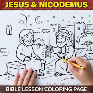 Pode incluir: Uma página para colorir de lições bíblicas em preto e branco com o texto "JESUS & NICODEMUS" no topo e "BIBLE LESSON COLORING PAGE" na parte inferior. A imagem mostra duas figuras, uma segurando uma lanterna, com um fundo de céu noturno.