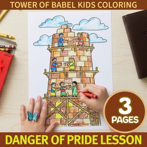 May include: A coloring page depicting the Tower of Babel with figures carrying bricks. The image includes the text "TOWER OF BABEL KIDS COLORING" and "DANGER OF PRIDE LESSON". Crayons, a red box with star shapes, and a brown book are also visible.