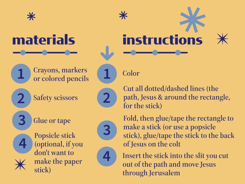 May include: A craft instruction sheet with the words "materials" and "instructions" in dark blue text on a yellow background. The materials list includes crayons, scissors, glue, and a popsicle stick. The instructions detail how to create a craft project.
