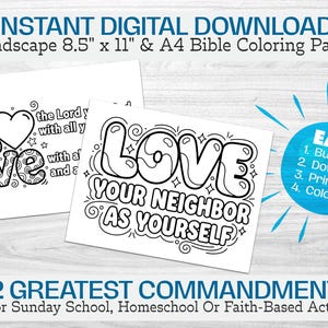 Páginas para colorear de los dos grandes mandamientos / Hojas para colorear de "Ama al Señor tu Dios y ama a tu prójimo" / Lecciones bíblicas imprimibles