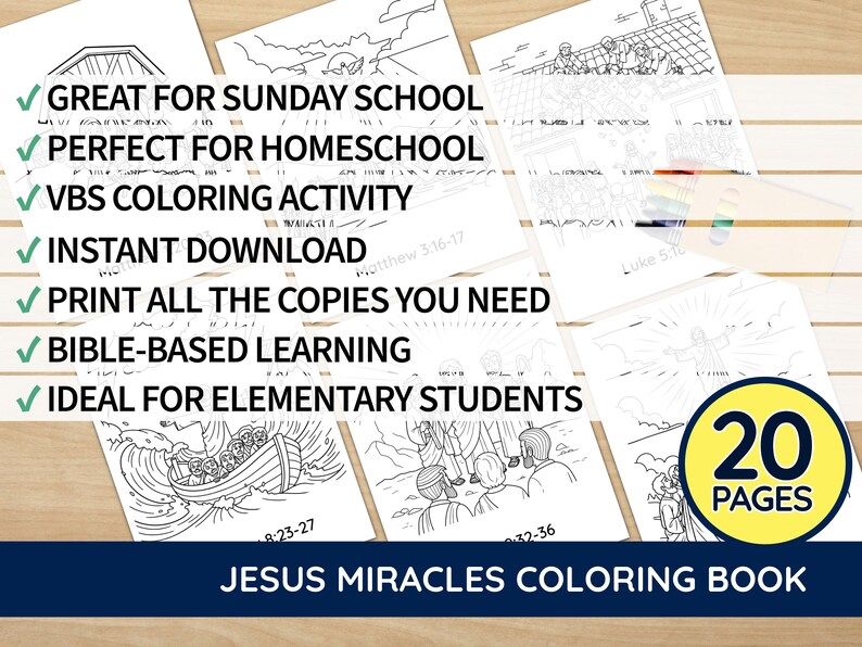 20-Page Miracles of Jesus Coloring Book For Kids | Sunday School Bible Lesson & Christian Homeschool Activities | Printable PDF Value Bundle image 4