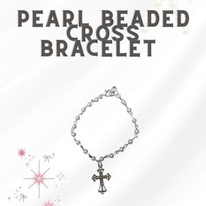 Pearl Beaded Cross Bracelet – Elegant Religious Jewelry | Silver Tone with Rhinestone Cross Pendant