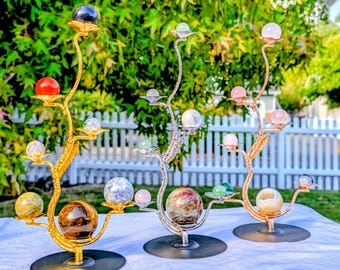 Crystal Sphere Tree Holder for Mini & Small Spheres | Display Stand for 7 Gemstone Orbs in Gold, Silver, or Rose Gold