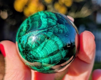 Polished Malachite Sphere, Banded Green Crystal Ball (1.9in)