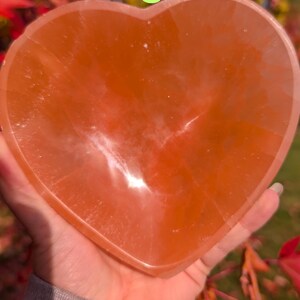 May include: A heart-shaped, orange-colored crystal bowl. The bowl is held in a hand, and the background features out-of-focus foliage. The letter "C" is visible in the upper left corner of the image.