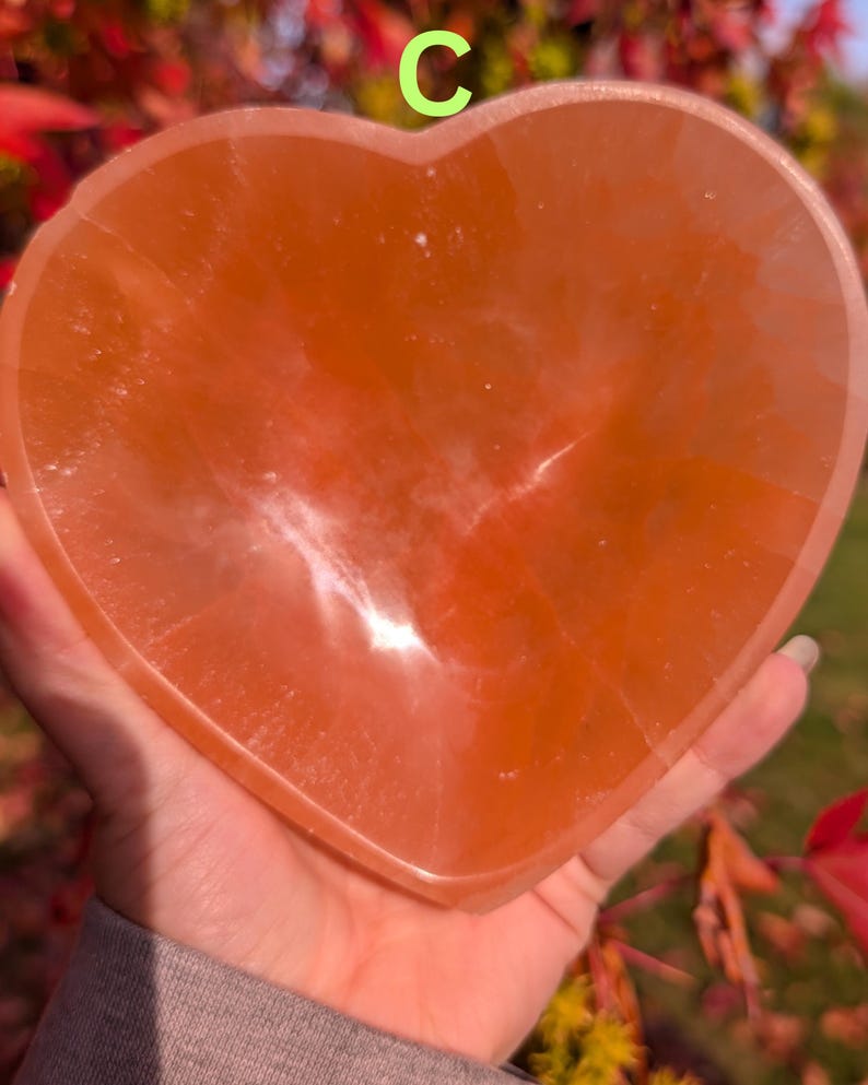 May include: A heart-shaped, orange-colored crystal bowl. The bowl is held in a hand, and the background features out-of-focus foliage. The letter "C" is visible in the upper left corner of the image.