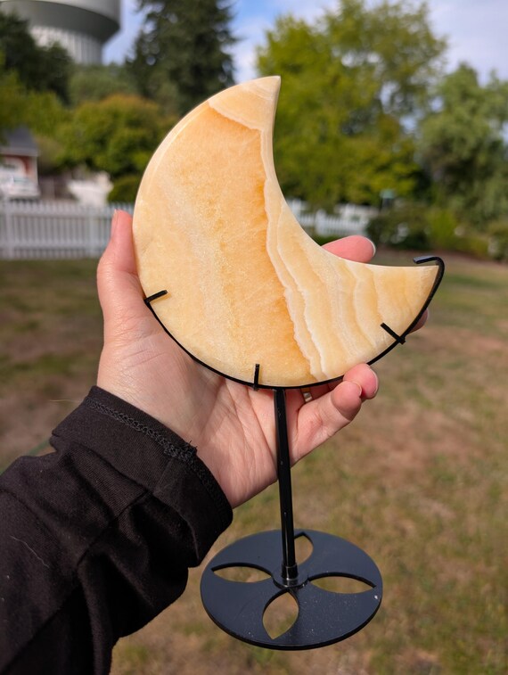 Yellow Calcite Crescent Moon on Stand | Sparkling Golden Crystal Décor