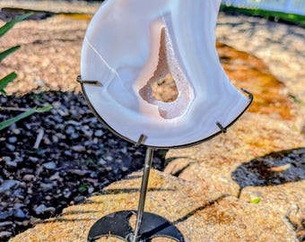 Agate Moon Crystal on Stand - Druzy Quartz & Sugar Druzy Agate Moon Carving - 11.5 oz - B