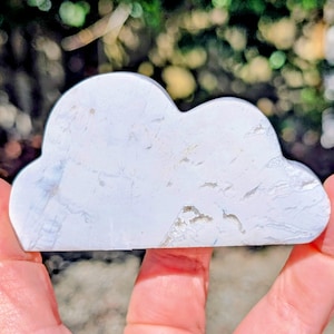 May include: A white cloud-shaped stone with gray and beige veining. The stone has a smooth surface and is held in a hand. The background is blurred green foliage. This decorative stone could be used as a paperweight or a unique home decor item.