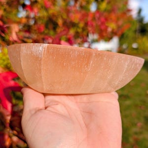 May include: A peach-colored, oval-shaped bowl carved from a translucent stone. The bowl is held in a hand, with the background showing fall foliage. The bowl's surface has visible striations, adding to its natural aesthetic.