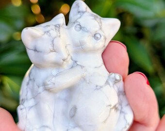 Howlite Cat Couple Carving • White Stone Cat Figurine • Calming Crystal Decor