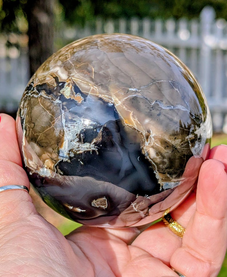 May include: A polished sphere of petrified wood, showcasing a blend of brown, black, and cream tones. The orb's surface has intricate patterns and veining, creating a unique, natural aesthetic. The sphere is held in a hand, with a blurred background.