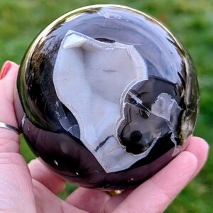 May include: A polished black and white agate sphere. The sphere has a geode-like cavity with white crystalline formations. The surface reflects light, and the sphere is held in a hand against a blurred green background.