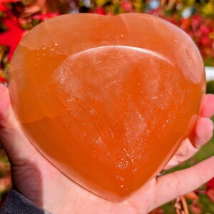 May include: A heart-shaped orange crystal stone. The stone is smooth and polished, with a translucent appearance. The crystal is held in a hand, with a blurred background of red and green foliage. The heart shape is clearly defined.