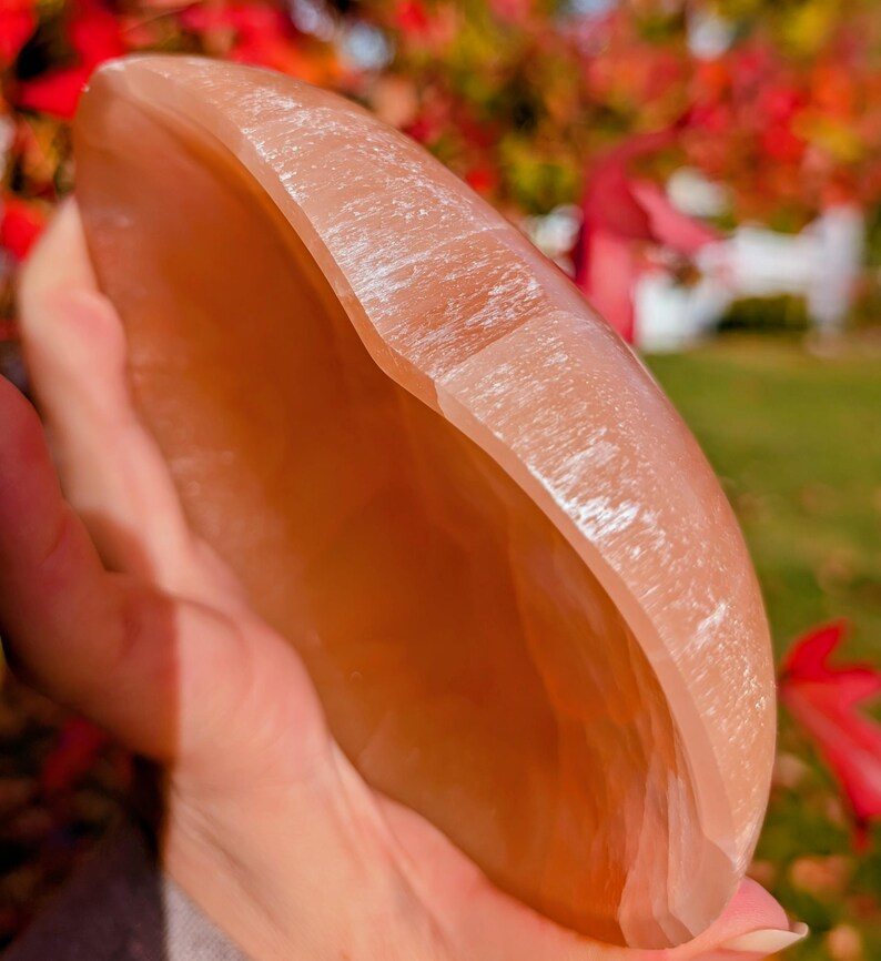 May include: A peach-colored, polished stone bowl with a smooth interior and a textured exterior. The bowl is held in a hand, with a blurred background of red and green foliage.