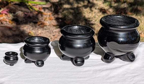 Black Obsidian Cauldron Sphere Holder | Witchy Halloween Altar Bowl for Crystals, Décor, and Gifts