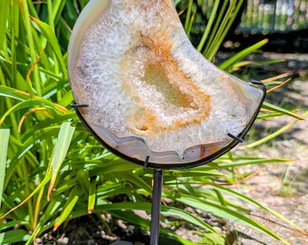 Large Agate Moon Crystal on Stand - Druzy Quartz & Sugar Druzy Agate Moon Carving - 1lb 3.9oz - D