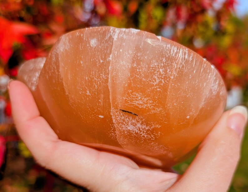 May include: A hand holds a carved, orange-colored bowl. The bowl has a rough, textured surface and a rounded shape. The background is blurred, with hints of red and green foliage.