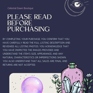 May include: A dark blue graphic with the text "PLEASE READ BEFORE PURCHASING" and additional text. The image includes illustrations of a crystal ball, a bottle with crystals, and a crescent moon with an eye.