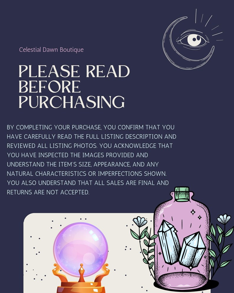 May include: A dark blue graphic with the text "PLEASE READ BEFORE PURCHASING" and additional text. The image includes illustrations of a crystal ball, a bottle with crystals, and a crescent moon with an eye.