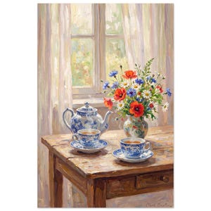 May include: An oil painting depicting a blue and white porcelain teapot and two matching teacups on a wooden table. A glass vase holds a vibrant bouquet of red poppies, blue cornflowers, and white daisies. Sheer curtains hang in the background.