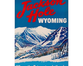 Vintage Jackson Hole Wyoming Ski Poster – Retro Ski Wall Art, Teton Range Print, “Where the Tetons Touch the Sky” Winter Decor