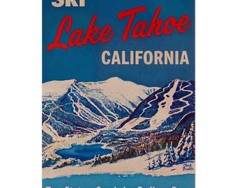 Vintage Lake Tahoe Ski Poster – Retro Ski Wall Art, Sierra Nevada Mountain Print, Lake Tahoe Winter Decor
