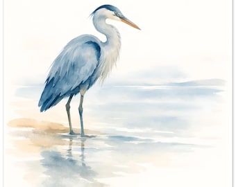 Blue Heron Watercolor Wall Art | Minimal Coastal Bird Art Print | Serene Shoreline Heron Painting | Elegant Nature Decor