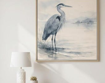 Blue Heron Fine Art Watercolor Print | Coastal Shoreline Bird Art | Elegant Wildlife Wall Art | Museum-Inspired Decor