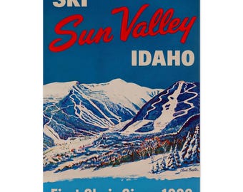 Póster vintage de esquí de Sun Valley, Idaho: arte mural retro de esquí, impresión de las montañas Sawtooth, "Primera silla desde 1936", decoración invernal
