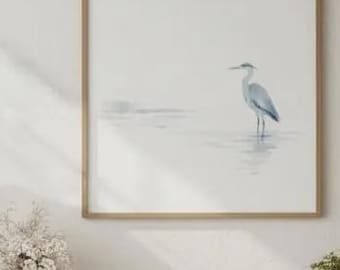 Minimalist Blue Heron Art Print | Scandinavian Coastal Bird Wall Art | Soft Watercolor Nature Decor | Modern Neutral Artwork