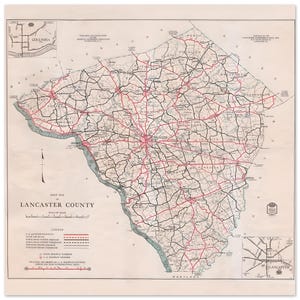 1919 Lancaster County Map: Vintage Pennsylvania Road Poster
