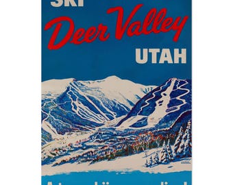 Vintage Deer Valley Utah Ski Poster – Retro Ski Wall Art, Luxury Mountain Decor, Park City Area Print, Custom Winter Artwork