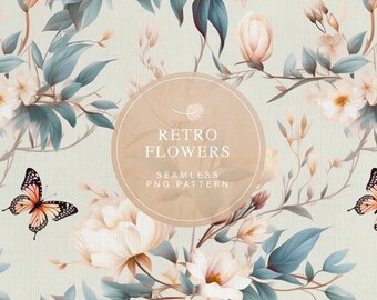 Butterfly and Flowers Digital Pattern, Commercial Use, Fabric Printing, Cream and Dust Blue Vintage Seamless Pattern, Shabby Chic Pattern