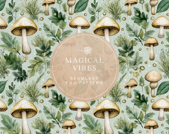 Sage Green and Cream Mushrooms Seamless Pattern, Mushroom Digital Paper, Commercial License, Hand Drawn Whimsical Mushroom Pattern