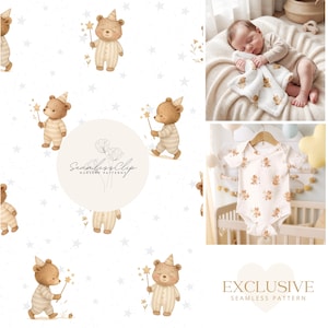May include: Seamless pattern featuring whimsical brown bears in party hats and striped pajamas, holding star wands, set against a white background with scattered stars. The image also includes a baby onesie and a baby with a matching blanket.