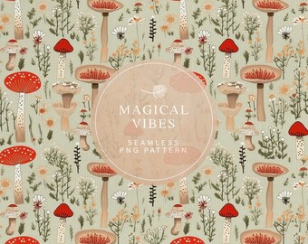Whimsical Mushroom Pattern, Seamless Pattern, Mushroom Sage Green Digital Paper, Hand Drawn Mushrooms, Vintage Mushroom Pattern