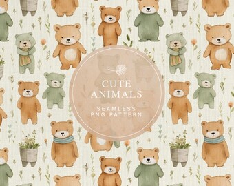 Watercolor Bear Seamless Pattern, Commercial Use, Kids Fabric Printing, Animals Seamless Pattern, Sage Green and Brown Digital Paper