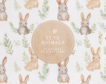 Watercolor Bunny Seamless Pattern, Commercial Use, Earth Tones Fabric Printing, Cute Animals Pattern, Beige Brown Minimalist Kids Pattern