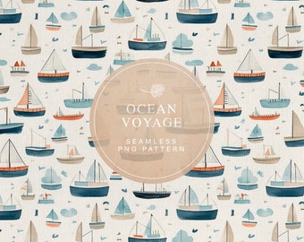 Sailboats Seamless Pattern, Watercolor Nautical Digital Paper, Commercial License, Kids Wallpaper, Minimalist Seamless Pattern PNG