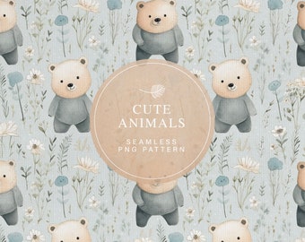 Cute Bear Seamless Pattern, Commercial Use, Fabric Printing, Watercolor Animals Seamless Pattern, Baby Blue Minimalist Digital Pattern