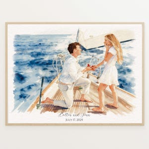 May include: Watercolour print depicting a marriage proposal on a yacht. A man kneels, offering a ring to a woman. The background shows blue water and a yacht. The print is framed and includes the names "Colten and Jenn" and the date "July 17, 2025".